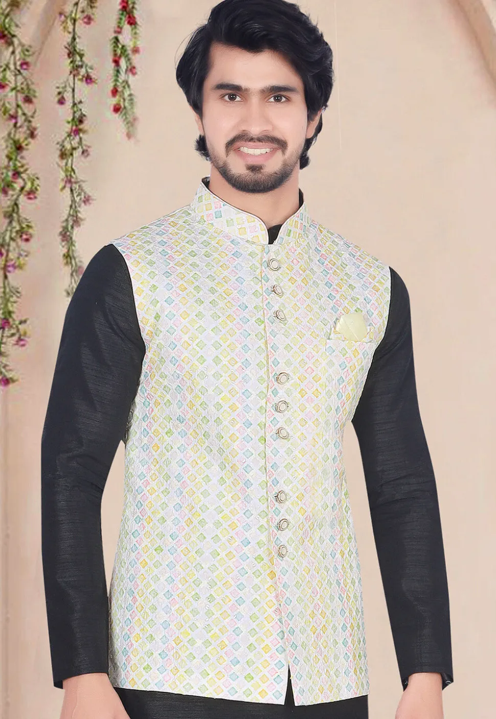 Digital Printed Art Silk Nehru Jacket in Multicolor