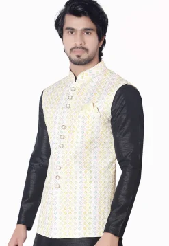 Digital Printed Art Silk Nehru Jacket in Multicolor