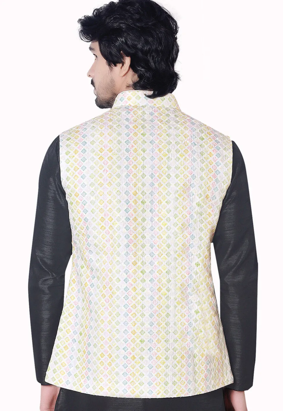 Digital Printed Art Silk Nehru Jacket in Multicolor