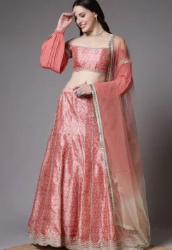 Digital Printed Art Silk Lehenga in Peach