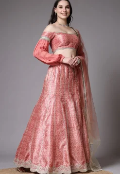 Digital Printed Art Silk Lehenga in Peach