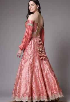 Digital Printed Art Silk Lehenga in Peach