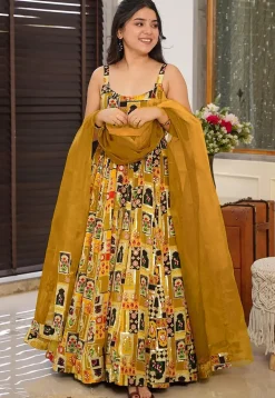 Digital Printed Art Silk Abaya Style Suit in Mustard