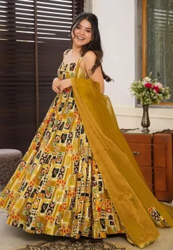 Digital Printed Art Silk Abaya Style Suit in Mustard