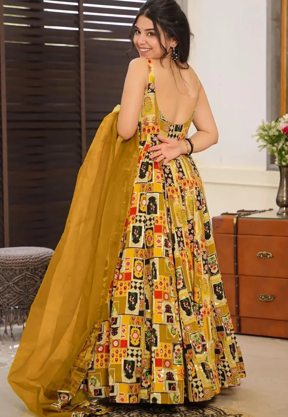 Digital Printed Art Silk Abaya Style Suit in Mustard