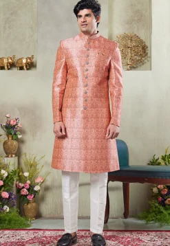Digital Printed Art Silk Sherwani in Peach