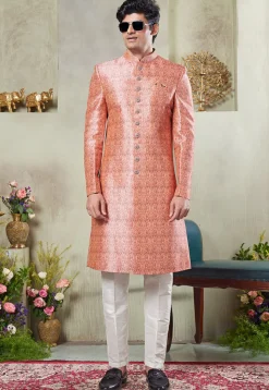 Digital Printed Art Silk Sherwani in Peach