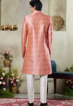 Digital Printed Art Silk Sherwani in Peach