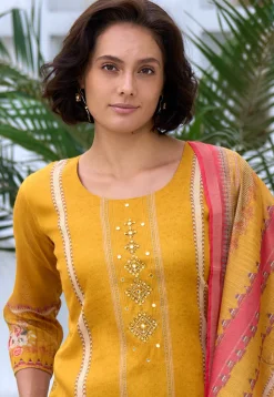 Digital Printed Art Silk Pakistani Suit in Mustard
