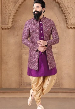 Digital Printed Art Silk Jacket Style Sherwani in Purple