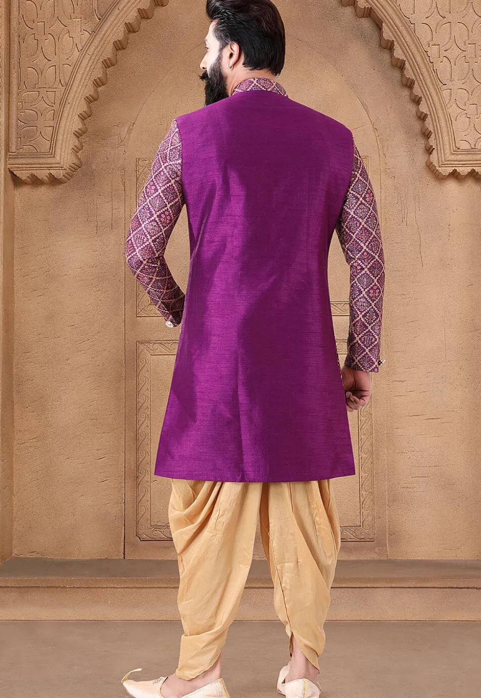 Digital Printed Art Silk Jacket Style Sherwani in Purple