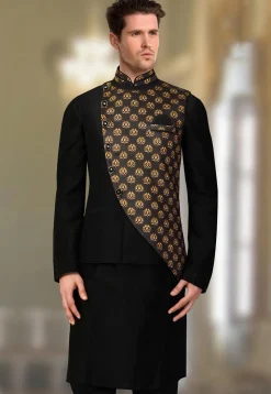 Digital Printed Art Silk Nehru Jacket in Black and Golden