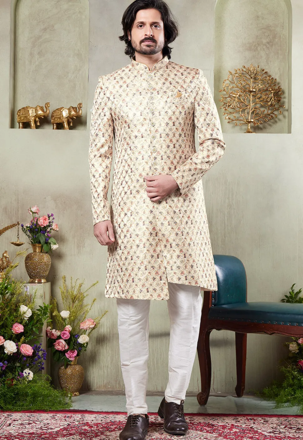 Digital Printed Art Silk Sherwani in Beige