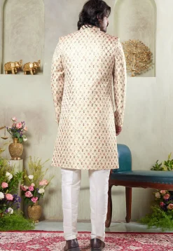 Digital Printed Art Silk Sherwani in Beige