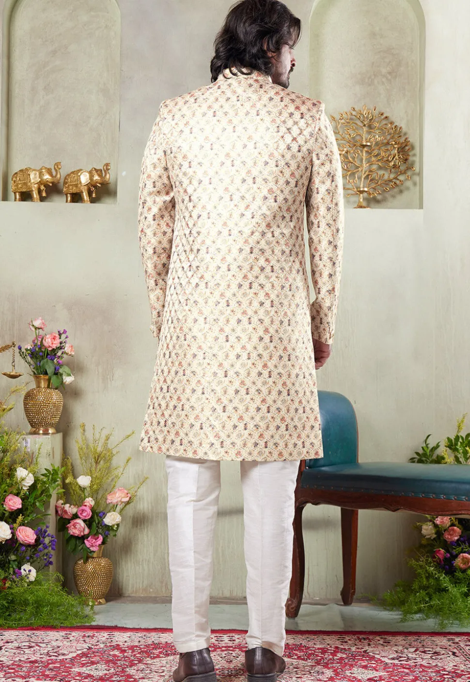 Digital Printed Art Silk Sherwani in Beige