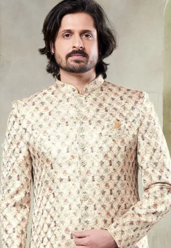 Digital Printed Art Silk Sherwani in Beige