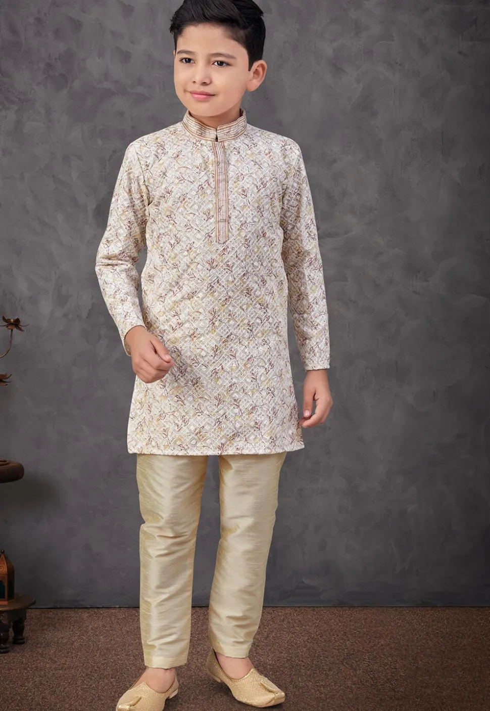 Digital Printed Art Silk Kurta Set in Cream