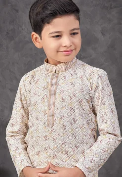 Digital Printed Art Silk Kurta Set in Cream