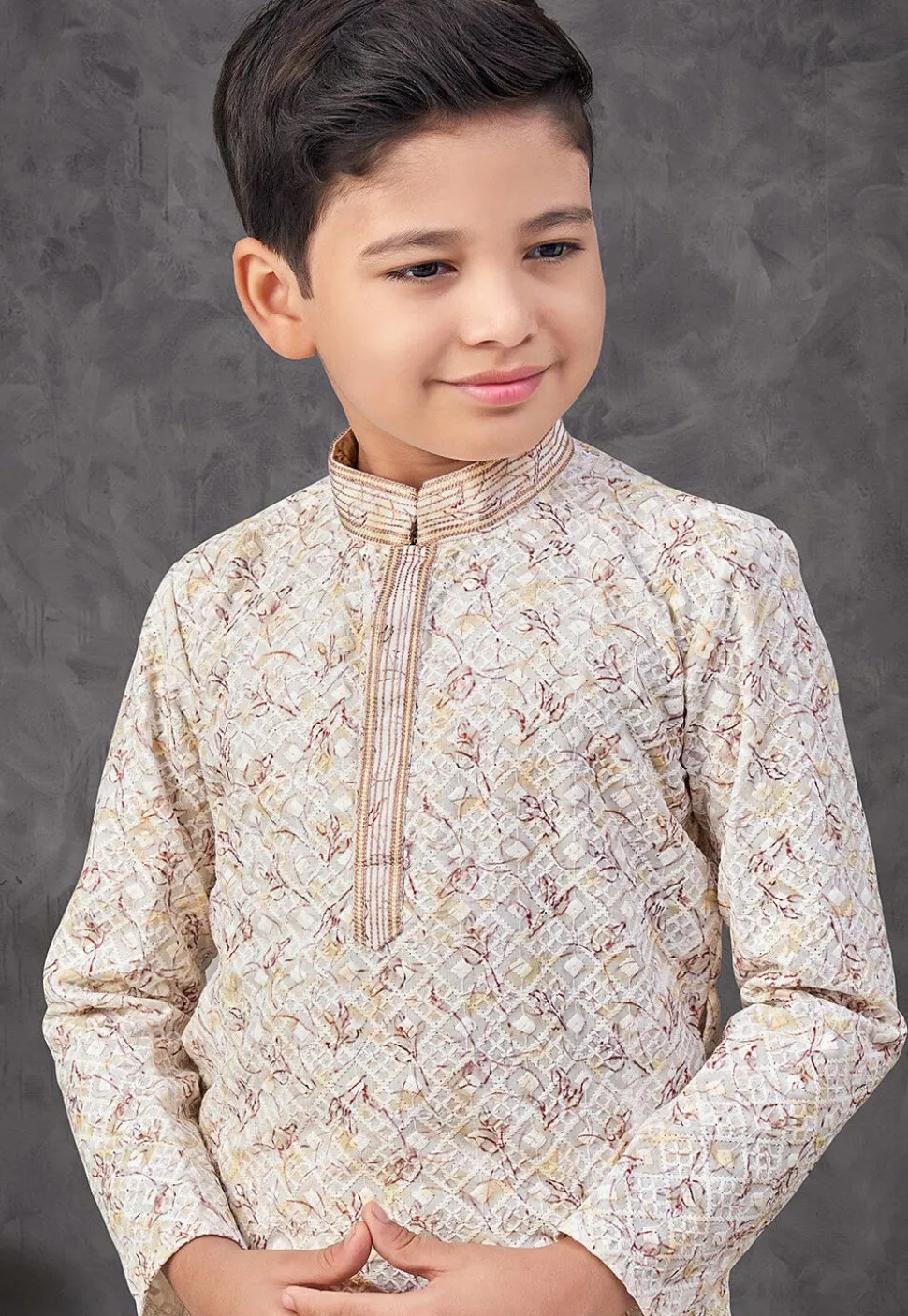 Digital Printed Art Silk Kurta Set in Cream