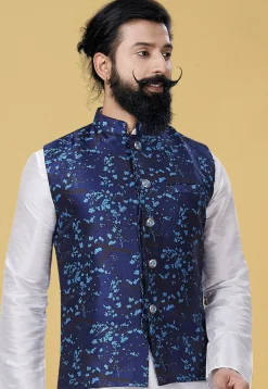 Digital Printed Art Silk Nehru Jacket in Dark Blue
