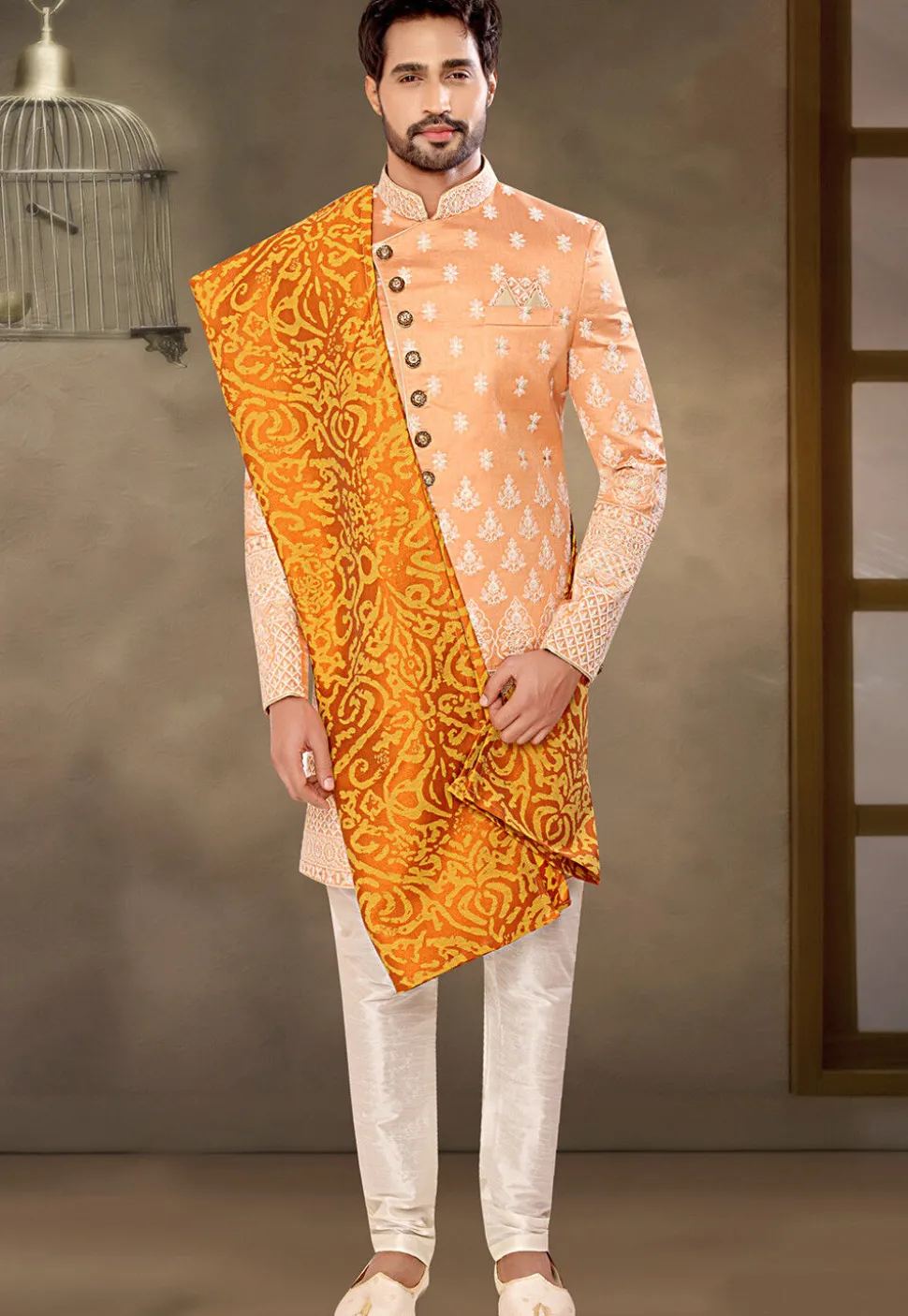 Digital Printed Art Silk Dupatta in Mustard