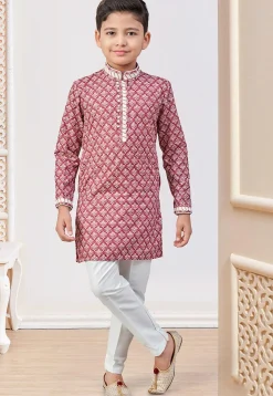 Digital Printed Art Silk Kurta Set in Red