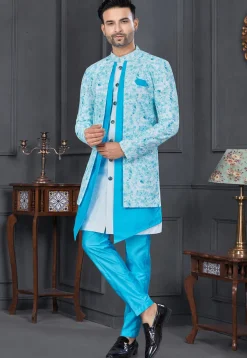 Digital Printed Art Silk Jacket Style Sherwani in Light Blue