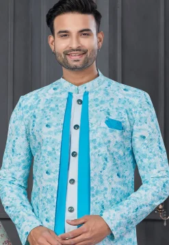 Digital Printed Art Silk Jacket Style Sherwani in Light Blue