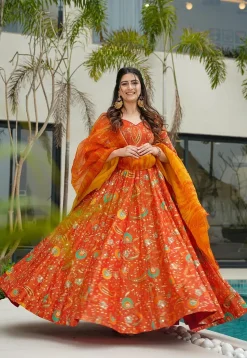 Digital Printed Art Silk Abaya Style Suit in Orange
