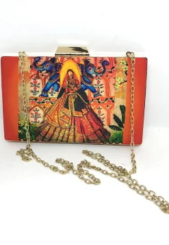 Digital Printed Art Silk Rectangular Clutch Bag in Multicolor