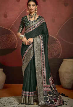 Digital Printed Art Silk Saree in Dark Green