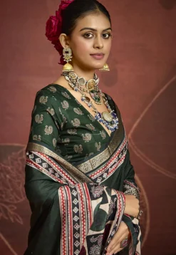 Digital Printed Art Silk Saree in Dark Green