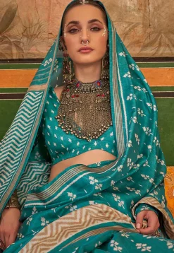 Digital Printed Art Silk Saree in Turquoise