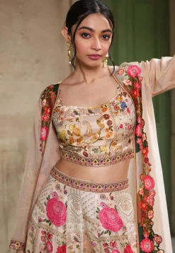 Digital Printed Art Silk Crop Top Set with Jacket in Beige