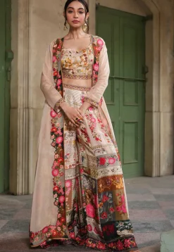 Digital Printed Art Silk Crop Top Set with Jacket in Beige