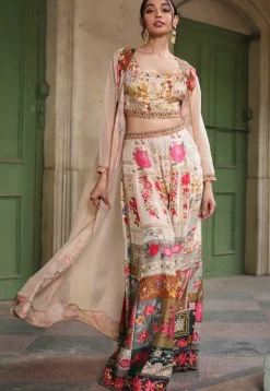 Digital Printed Art Silk Crop Top Set with Jacket in Beige