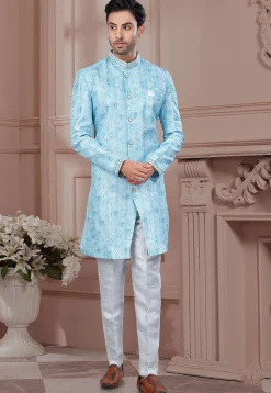 Digital Printed Art Silk Sherwani in Sky Blue