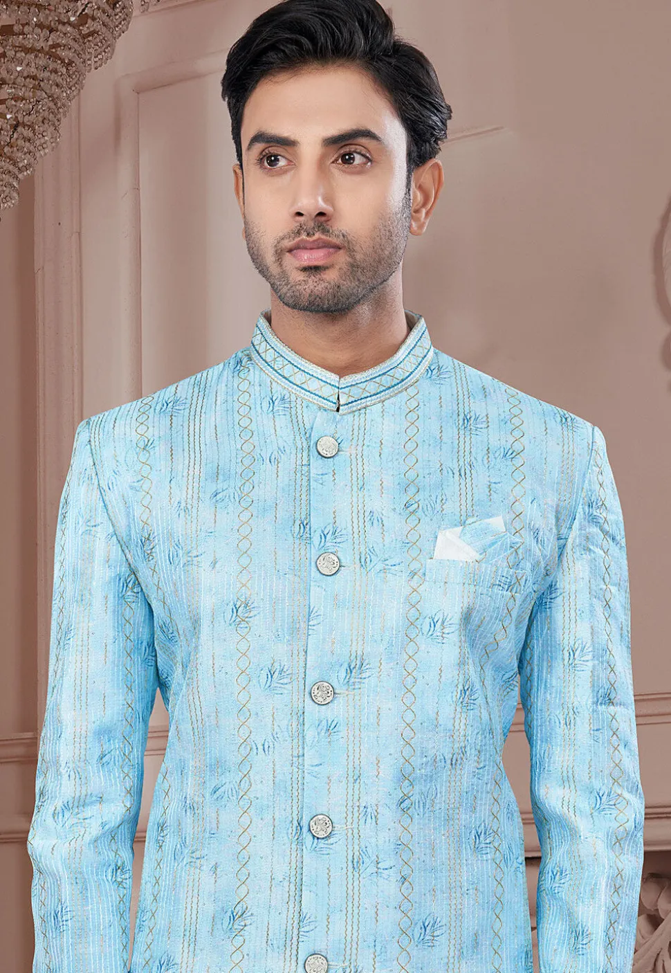 Digital Printed Art Silk Sherwani in Sky Blue