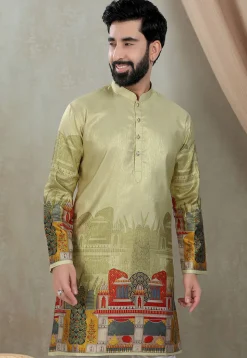 Digital Printed Art Silk Kurta in Olive Green