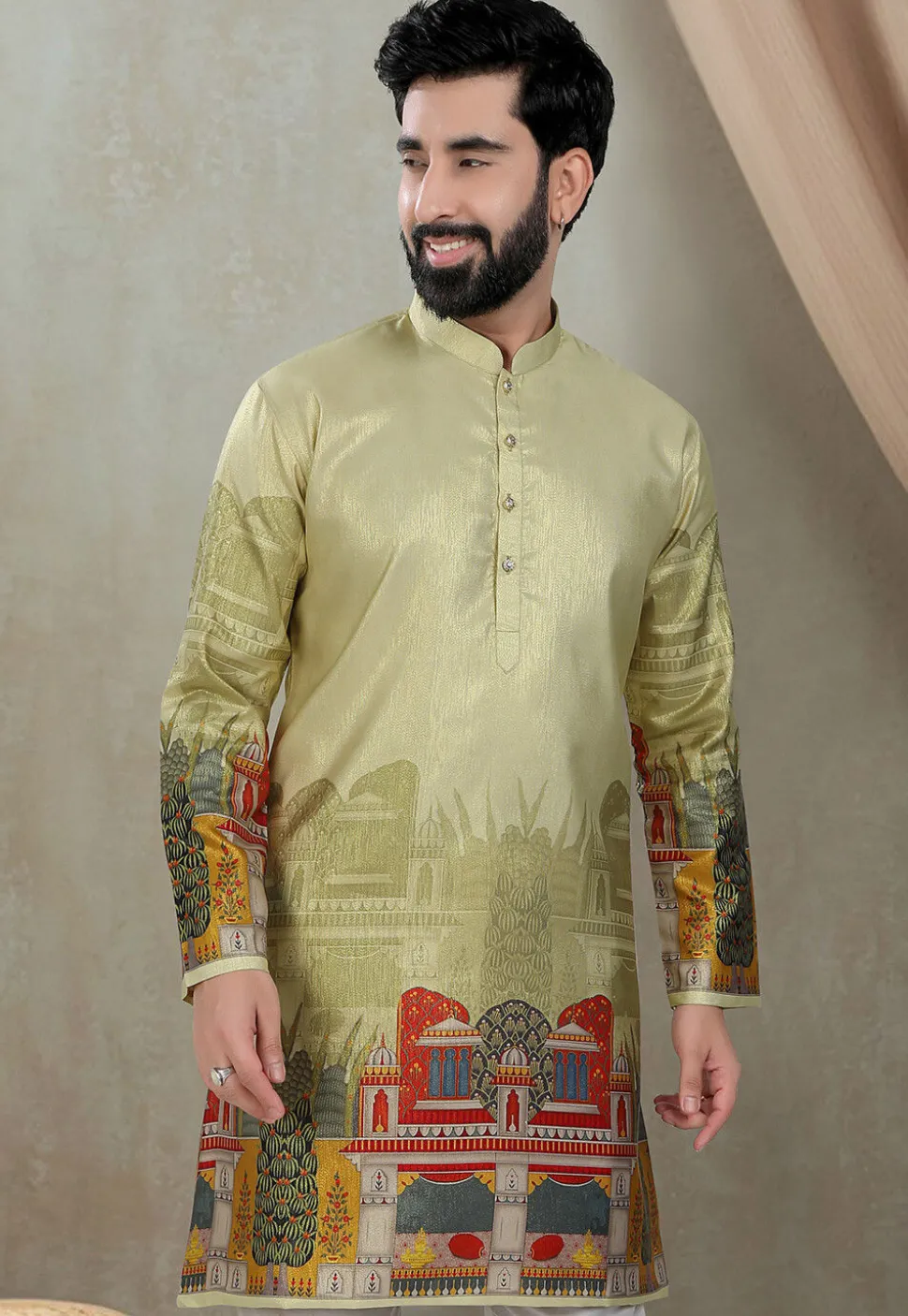 Digital Printed Art Silk Kurta in Olive Green