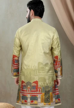 Digital Printed Art Silk Kurta in Olive Green