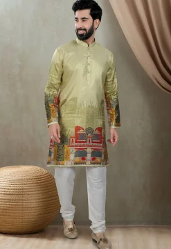 Digital Printed Art Silk Kurta in Olive Green
