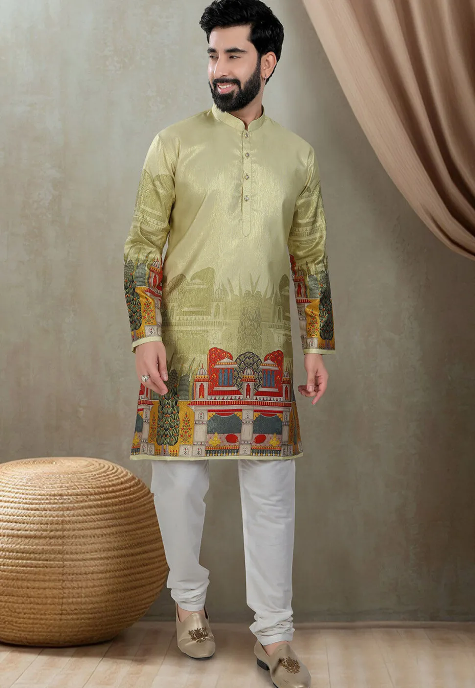 Digital Printed Art Silk Kurta in Olive Green
