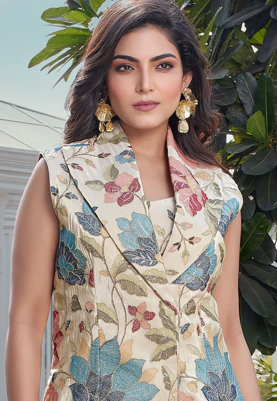 Digital Printed Art Silk Co Ord Set in Cream