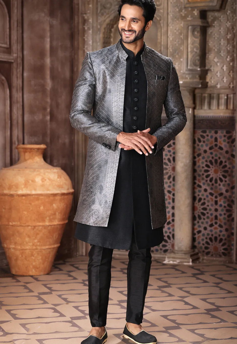 Digital Printed Art Silk Layered Sherwani in Black