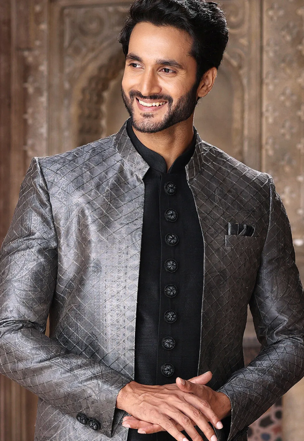 Digital Printed Art Silk Layered Sherwani in Black