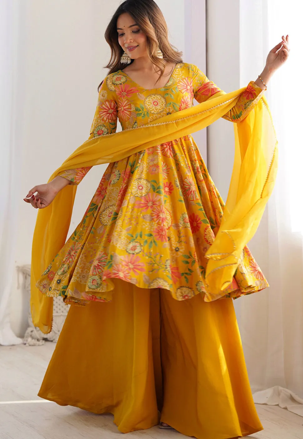 Digital Printed Art Silk Pakistani Suit in Mustard