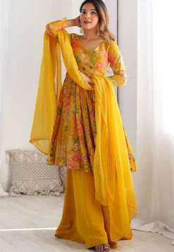 Digital Printed Art Silk Pakistani Suit in Mustard