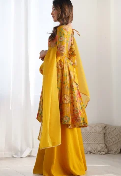 Digital Printed Art Silk Pakistani Suit in Mustard