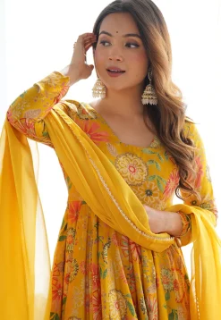 Digital Printed Art Silk Pakistani Suit in Mustard